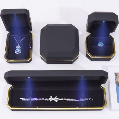 OEM ODM 고급 수제 블랙 팔각형 LED 조명 벨벳 인서트 보석 상자